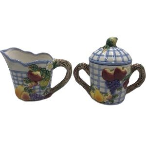 Vintage 1994 Omnibus China Sugar and Creamer Set Checkered Fruit Theme